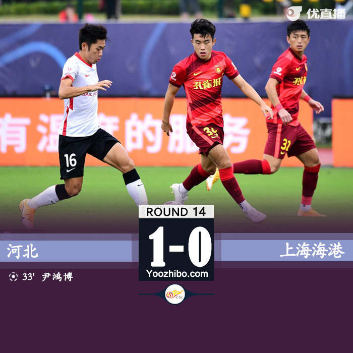 河北1-0十人海港 尹鸿博破门吕文君中框