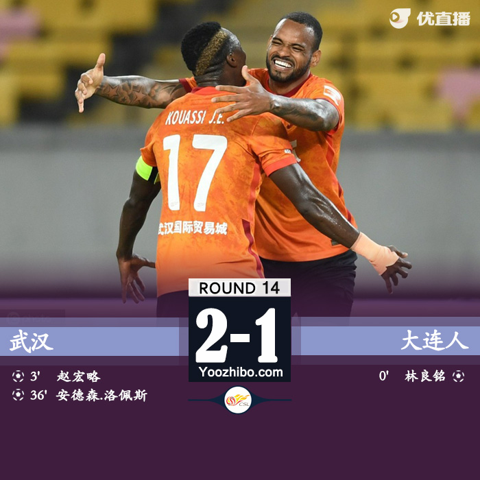 武汉2-1大连人 林良铭蝎子摆尾赵宏略洛佩斯破门