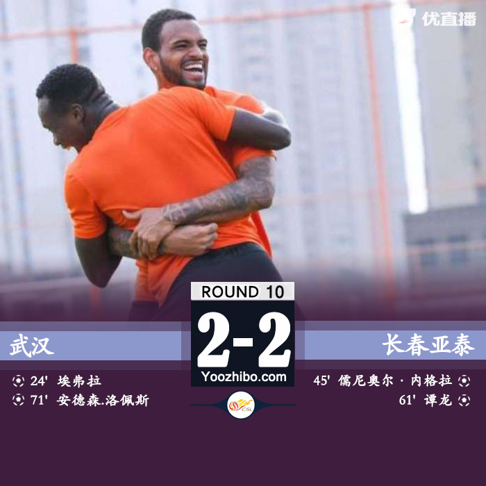 武汉2-2长春亚泰 埃弗拉头槌+造点蒿俊闵献助攻