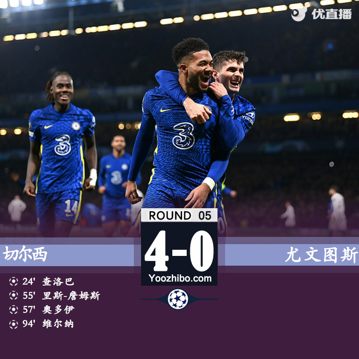 切尔西4-0尤文 查洛巴詹姆斯建功奥多伊破门