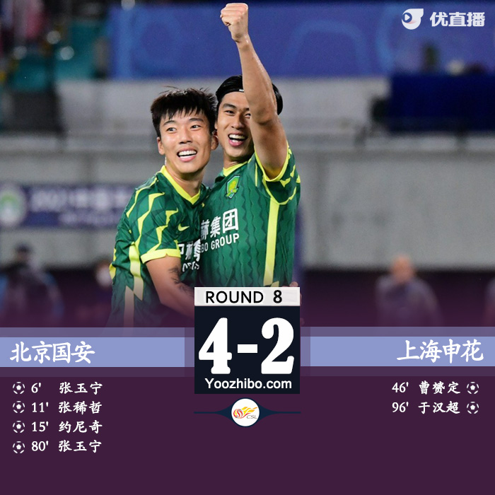 国安4-2申花 张玉宁世界波+双响侯森屡献神扑